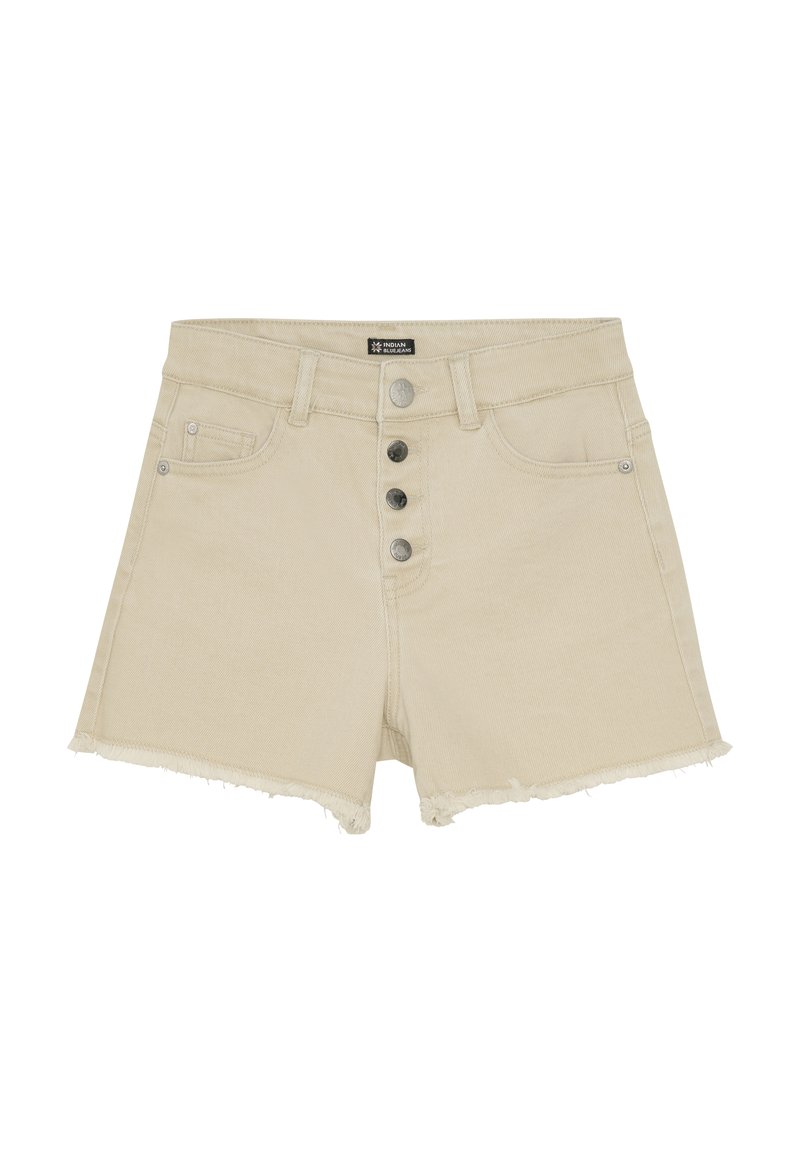 Beige denimshorts med fransade kanter, hög midja, femknäppnings framtill och två framfickor.