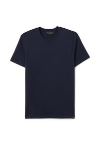 T-shirt in cotone navy a maniche corte con colletto tondo, caratterizzato da un design semplice senza motivi o accenti visibili. Etichetta visibile sul colletto.