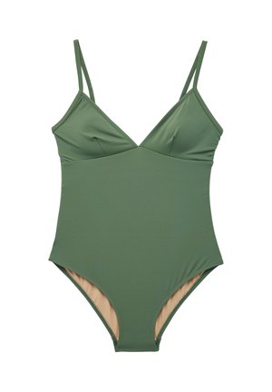 Costume intero verde con sottili spalline regolabili e scollo a V, caratterizzato da un design liscio e aderente con fodera interna beige.