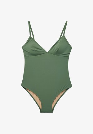 Costume intero verde con sottili spalline regolabili e scollo a V, caratterizzato da un design liscio e aderente con fodera interna beige.