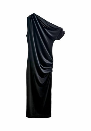 Draped black dress with one shoulder design, made from soft fabric, features a gathered side detail and a straight silhouette.