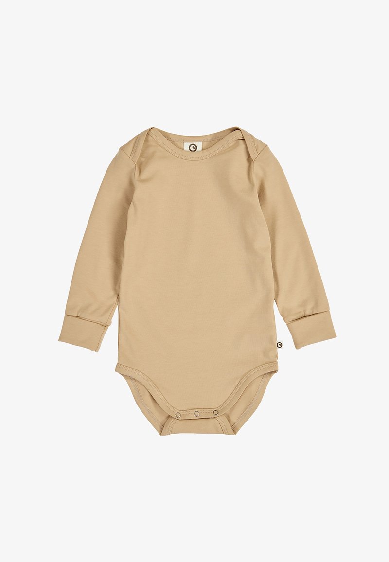 Body beige à manches longues pour bébé, avec encolure enveloppante et pressions à l'entrejambe, design uni, sur fond blanc.