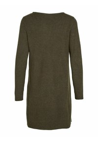 Abito maglione verde oliva, tessuto lavorato a maglia, maniche lunghe, scollo ampio, spacchi laterali all'orlo, texture a coste sui polsini e sull'orlo.
