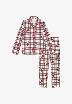 Katoenen pyjamastel met een rood, groen en witte ruitpatroon en decoratieve berenillustraties. Bevat een long-sleeve top en broek.