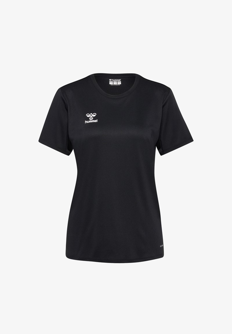 Tricou sport negru, din material fin, cu guler rotund și mâneci scurte. Prezintă un logo alb pe piept.