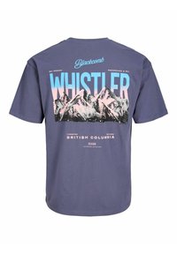 Grå T-shirt med rund hals, der har en bjerggrafik i sort, hvid og pink samt teksten "WHISTLER" i blå.