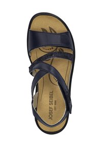 Námořnické modré kožené sandály s křížovými popruhy, polstrovanou stélkou a odolnou podrážkou. Obsahují značku na stélce a texturované vnitřní podšívce.