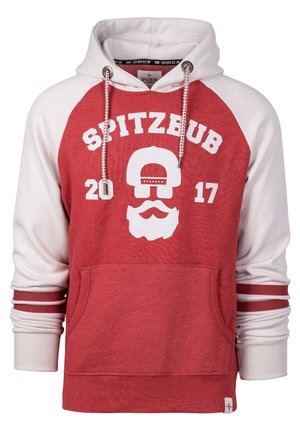 Roter und weißer Hoodie mit Fronttasche, Kordelzug und einer Grafik mit einer Mütze, Bart, Schnurrbart und dem Schriftzug "SPITZBUB 2017" auf der Brust.