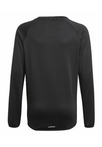 Czarny, długi rękaw, sportowa koszulka, wykonana z gładkiego materiału z zaokrąglonym dołem, z raglanowymi rękawami i logo "AEROREADY" na dolnej części pleców.