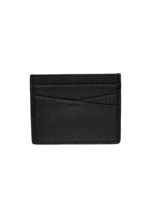 Sort tekstureret læder kortholder med flere diagonale og horisontale korthuller, kompakt og rektangulær i formen.