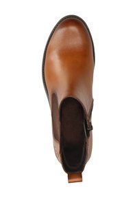 Brown leather ankle boot with elastic side panels, rounded toe, and a zipper closure. Soft texture and minimalistic design.