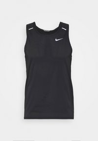 Musta urheilutoppi, joka on valmistettu teksturoidusta kankaasta. Ominaisuuksiin kuuluu pyöreä pääntie, leveät olkaimet ja pieni valkoinen Nike-logo rinnassa.