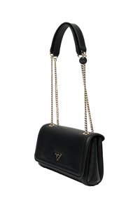 Borsa a tracolla in pelle nera con catena, forma rettangolare, superficie testurizzata, accento logo triangolare e chiusura a patta.