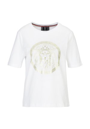 White cotton t-shirt featuring a gold lion graphic in a circular design, short sleeves, and a round neckline with a contrasting trim.