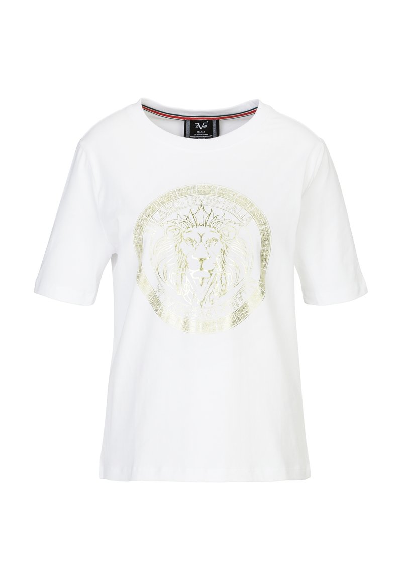 Witte katoenen t-shirt met een gouden leeuw graphic in een cirkelontwerp, korte mouwen en een ronde hals met een contrasterende afwerking.