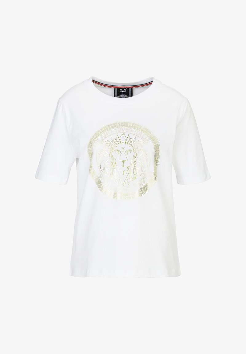 Witte katoenen t-shirt met een gouden leeuw graphic in een cirkelontwerp, korte mouwen en een ronde hals met een contrasterende afwerking.