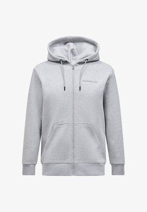 Gray zip-up hoodie made of soft fabric. Features a hood, drawstrings, and two front pockets. Plain design with a small logo on the chest.