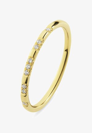 Dünner Goldring mit einer Reihe kleiner runder Diamanten, gleichmäßig entlang der oberen Hälfte des Rings verteilt.