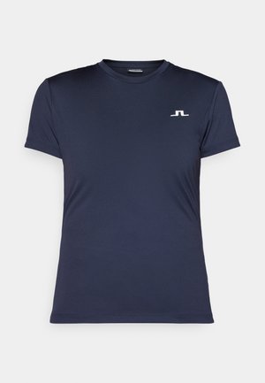 Navy blue athletic t-shirt made from smooth, lightweight fabric. Features a crew neckline and a small white logo on the chest.