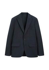 Blazer grigio scuro in tessuto strutturato, con rever a lancia, chiusura con un bottone e due tasche frontali più una tasca sul petto.