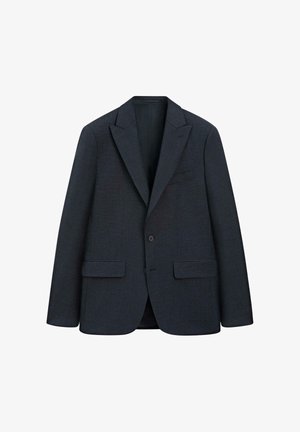 Mørkegrå blazer lavet af tekstureret stof, med hakket revers, lukkes med en enkelt knap, og har to frontlommer samt en brystlomme.