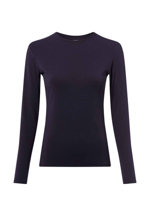 Long-sleeve, crew neck shirt in solid dark navy fabric; smooth texture, fitted design with minimal seams and no visible hardware or accents.
