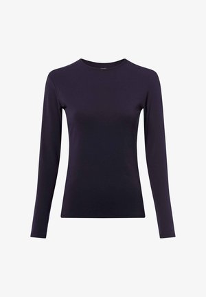 Long-sleeve, crew neck shirt in solid dark navy fabric; smooth texture, fitted design with minimal seams and no visible hardware or accents.
