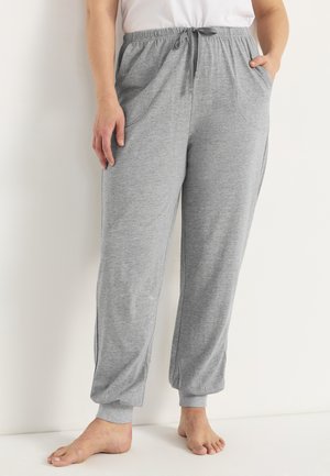 Gray, lightweight jogger pants with elastic waistband and drawstring, side pockets, and tapered cuffs at the ankles. Soft texture.