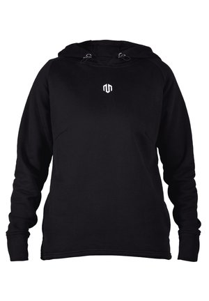 Hanorac negru cu buzunar frontal tip cangur, capuc cu snur și logo alb pe piept. Material moale și manșete și tiv dintr-un material cu căptușeală.