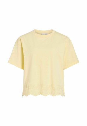 Világos sárga, rövid ujjú, crop top stílusú póló, kerek nyakkivágással és fodros alsó szegéllyel, finom virágmotívumos hímzéssel.