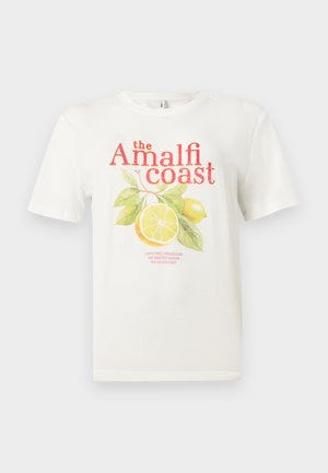 Λευκό κοντομάνικο T-shirt με το κείμενο "the Amalfi coast" και γραφικό με λεμόνι και πράσινα φύλλα στο εμπρόσθιο μέρος.