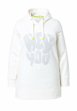 Hvid hættetrøje med store grå "HEY YOU" teksturerede bogstaver. Har en snøre med neongule spidser og ribbede manchetter.