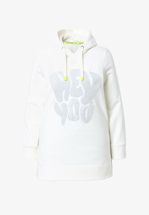 Sudadera blanca con capucha y gran letras en relieve grises que dicen "HEY YOU". Cuenta con un cordón con puntas en neón amarillo y puños acanalados.