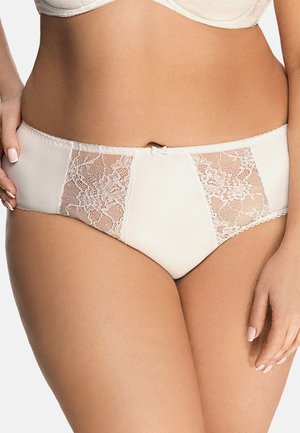 Højtaljede lysebeige trusser med blonder i siderne, en central sløjfe og en glat stoffinish.