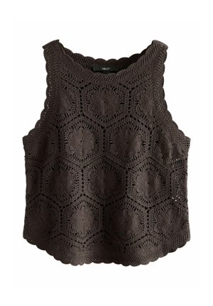 Czarny bezrękawnik szydełkowy z sześciokątnymi kwiatowymi wzorami i ozdobnymi falistymi brzegami, oznaczony marką "Next" przy dekolcie.