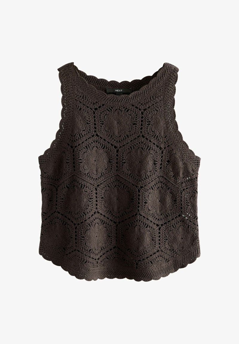 Haut noir sans manches en crochet avec des motifs floraux hexagonaux et des bords en forme de vague, étiquette de la marque "Next" au niveau de l'encolure.