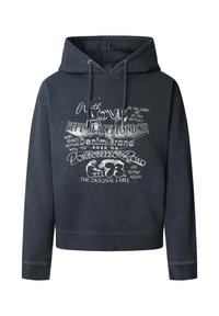 Felpa con cappuccio blu navy in morbido tessuto, con stampa grafica bianca sul davanti, polsini a coste e vestibilità comoda.