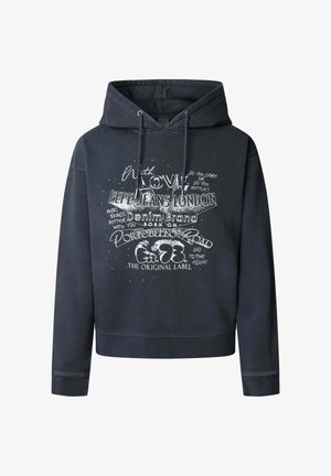 Tumedast sinise kapuutsiga dressipluus, mis on valmistatud pehmest kangast, esiküljel valge graafiline tekst, ribide lõpetustega varrukad ja vabalt langenud lõige.