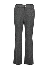 Graue, ausgestellte Hosen mit einem strukturierten Hahnentritt-Muster, einem Bund mit Gürtelschlaufen und einem Knopf- sowie Reißverschluss.