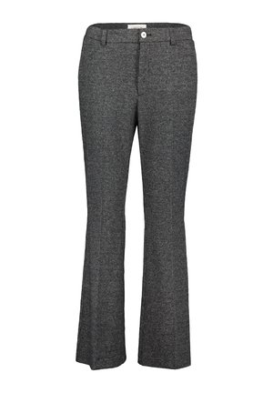 Grijze flarebroeken met een gestructureerd houndstoothpatroon, een tailleband met ceintuurlussen, en een sluiting met een knoop en ritssluiting.