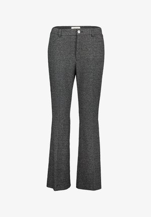 Szare spodnie w rozszerzanym kroju z teksturowanym wzorem w psie zęby, z pasem z pętlami na pasek oraz z zapięciem na guzik i zamek.