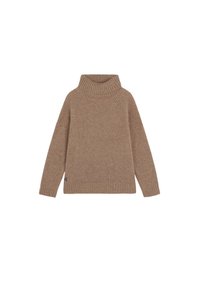 Jersey de punto de canalé en marrón claro con cuello alto, de manga larga y ajuste relajado, que presenta sutiles variaciones de textura en el torso y las mangas.