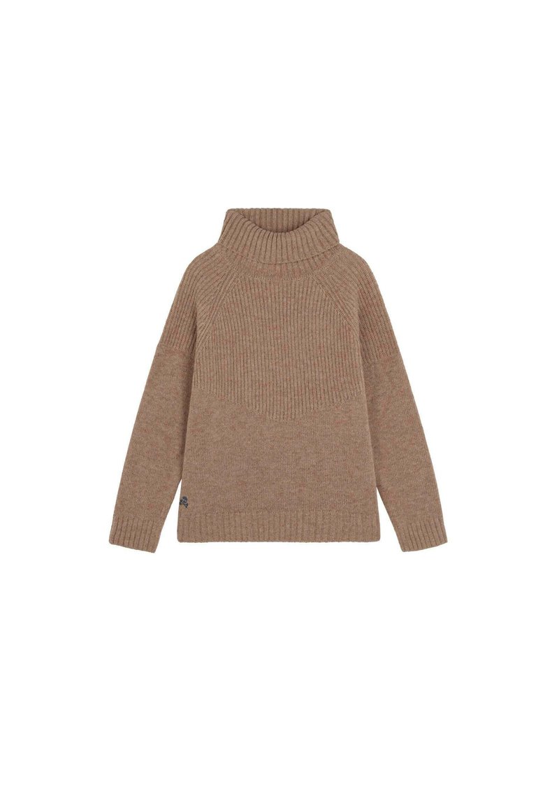 Jersey de punto de canalé en marrón claro con cuello alto, de manga larga y ajuste relajado, que presenta sutiles variaciones de textura en el torso y las mangas.