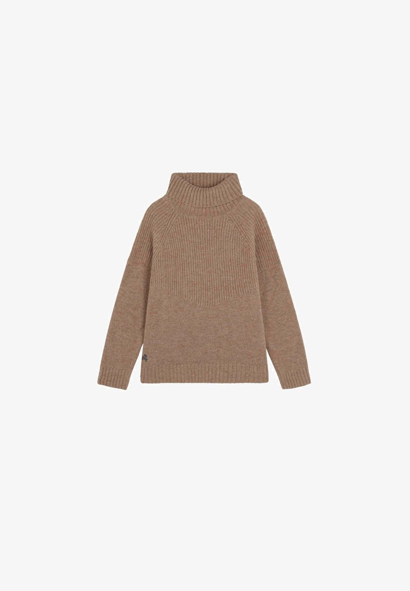 Hellbrauner, gerippter Strickrollkragenpullover mit langen Ärmeln und lockerer Passform, der subtile Strukturvariationen am Rumpf und an den Ärmeln aufweist.