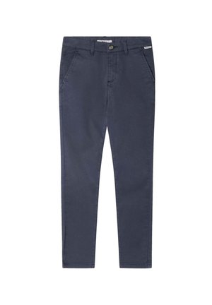 Marineblaue Baumwollchinos im Slim-Fit, mit Fronttaschen, Knopfverschluss und dezenten Nähdetails. Glatte Textur.