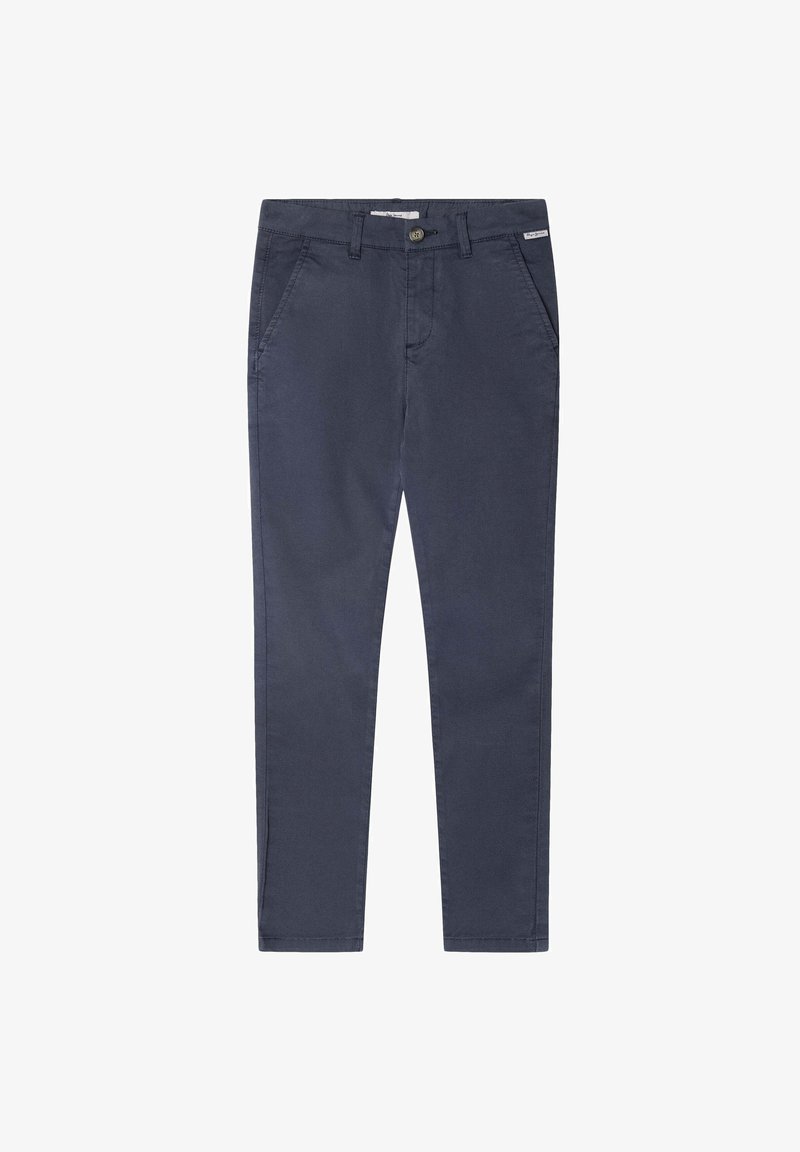 Marineblaue Baumwollchinos im Slim-Fit, mit Fronttaschen, Knopfverschluss und dezenten Nähdetails. Glatte Textur.