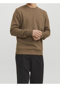 Felpa marrone con scollo rotondo, polsini e orlo a coste. Tessuto liscio, con cuciture visibili, indossata con pantaloni scuri.