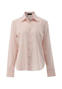 Light pink long-sleeve shirt with a button-down front, classic collar, and smooth, glossy fabric. Simple design with no visible patterns or accents.