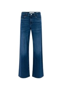 Plati sini džinsai mėlyna spalva su aukštu liemeniu, su mygtuko uždarymu, priekinėmis kišenėmis ir minkšta, tekstūruota medžiaga.