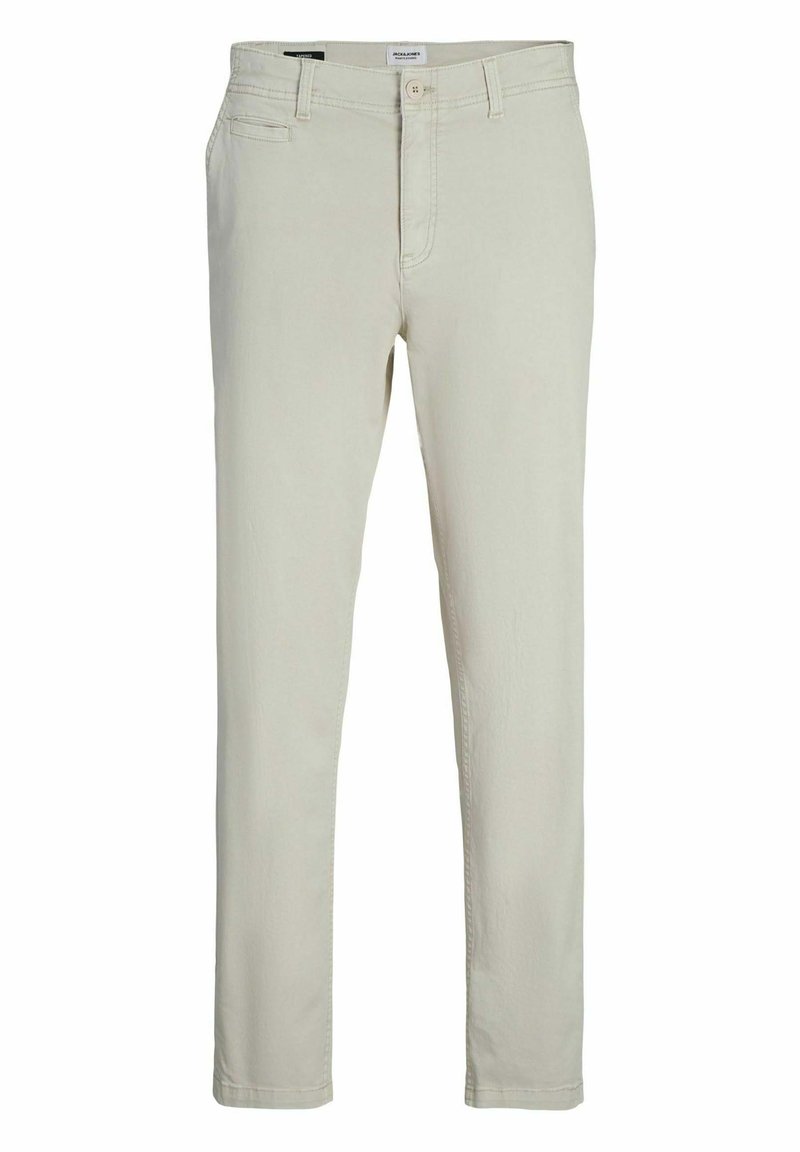 Pantalones de color beige claro, fabricados en una mezcla de algodón, con un corte recto, bolsillos frontales y cierre de cremallera con botón.